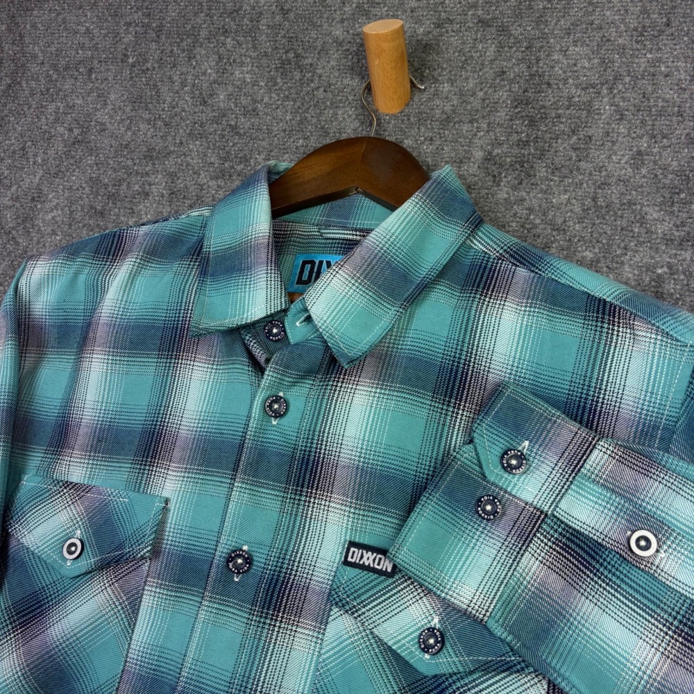 Dixxon Flannel Blue Marlin Mens Large Teal Plaid D-Tech Button Up Shirt 0434
